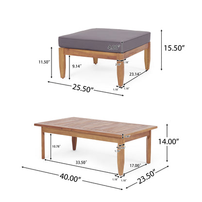 Bianca Mid-Century Modern Acacia Wood 3 Seater Sofa Chat Set with Ottoman, Teak and Dark Gray