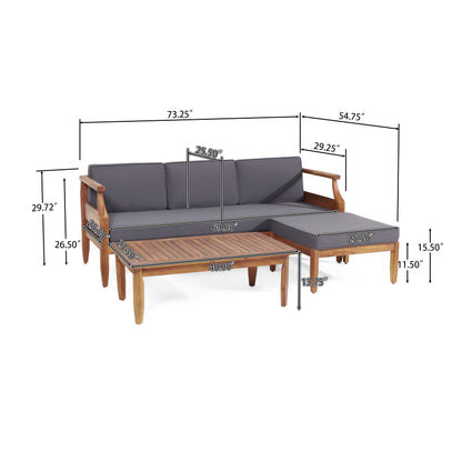 Bianca Mid-Century Modern Acacia Wood 3 Seater Sofa Chat Set with Ottoman, Teak and Dark Gray