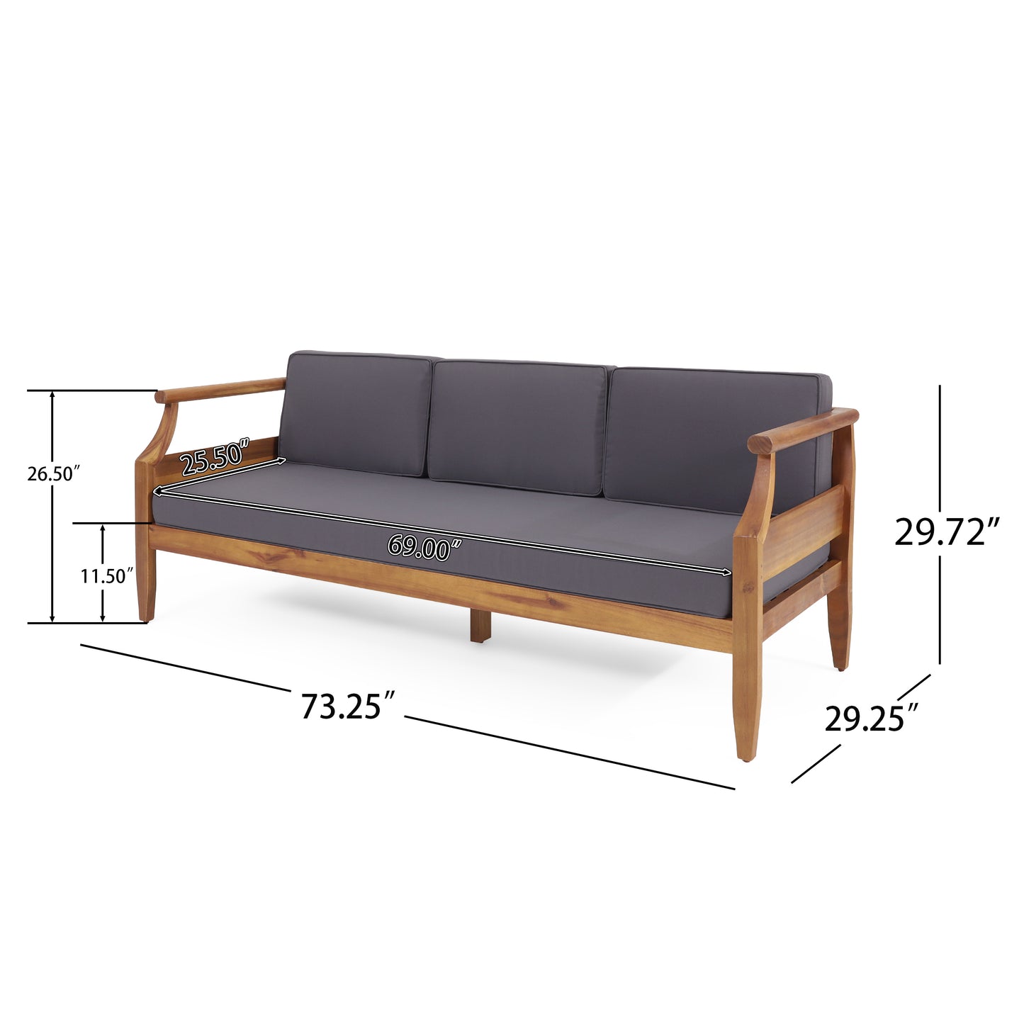Bianca Outdoor Mid-Century Modern Acacia Wood 3 Seater Sofa, Teak and Dark Gray