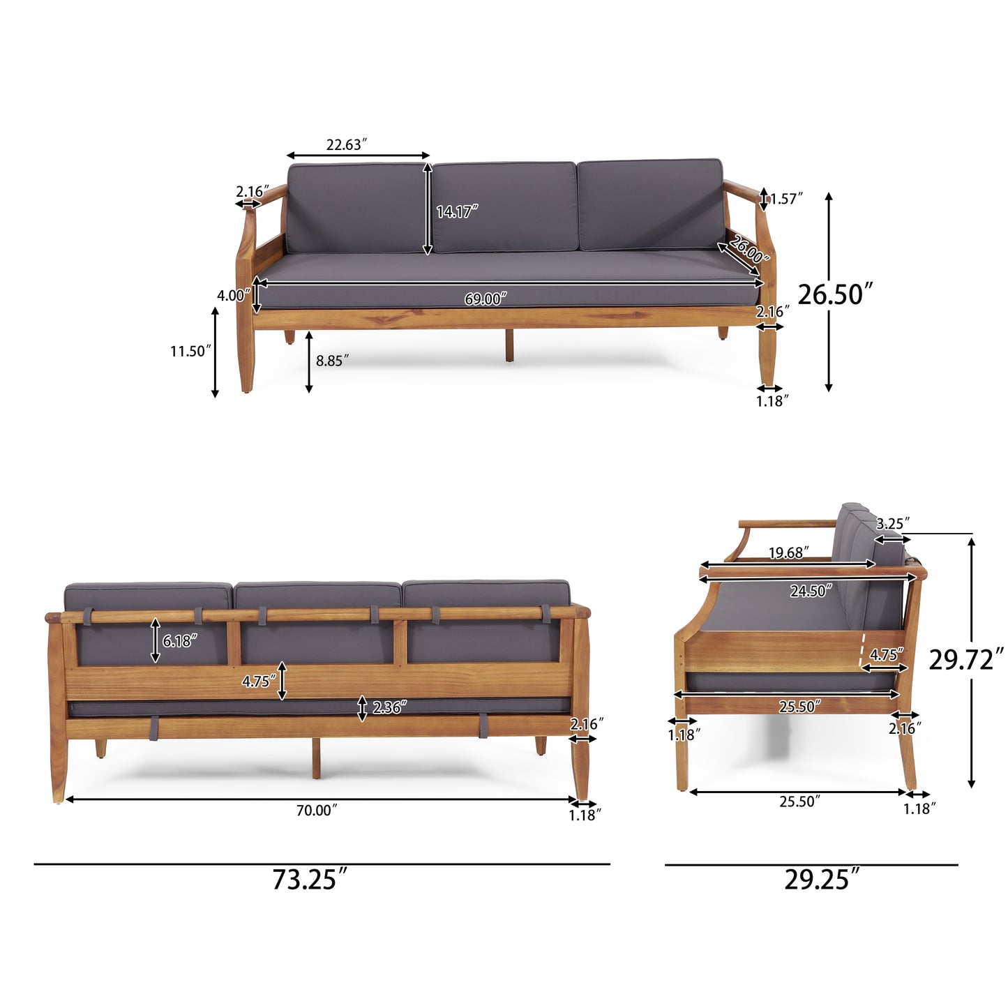 Bianca Outdoor Mid-Century Modern Acacia Wood 3 Seater Sofa, Teak and Dark Gray