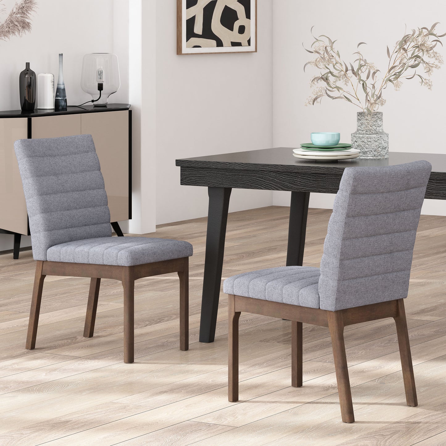 Elisson Mid Century Modern Channel Stitch Dining Chairs, Set of 2