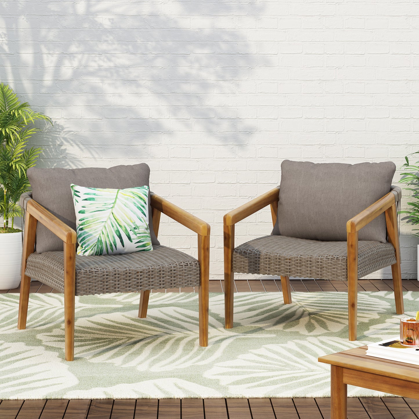 Breck Outdoor Acacia Wood and Wicker Club Chairs with Cushion, Set of 2, Teak and Gray