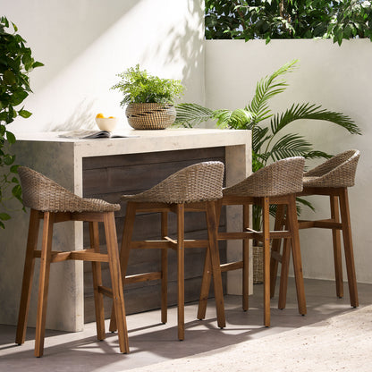 Beeson Outdoor Wicker and Acacia Wood 30 Inch Barstools, Set of 4, Light Multibrown and Teak
