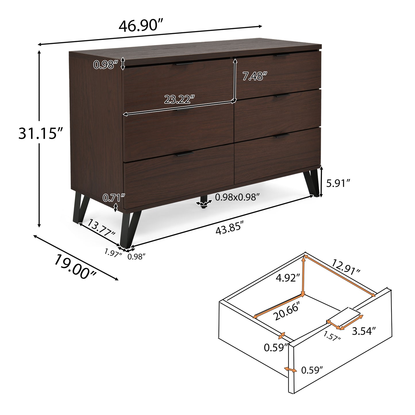 Demijen Modern Industrial 6 Piece Bedroom Set with 5 Drawer Dresser, Walnut and Matte Black