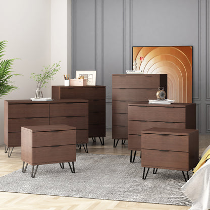 Demijen Modern Industrial 6 Piece Bedroom Set with Wide 5 Drawer Dresser, Walnut and Matte Black