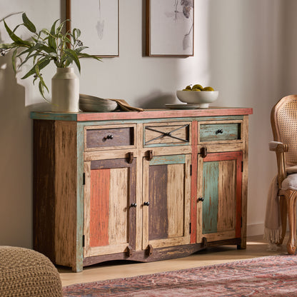 Tracey Handmade Distressed Mango Wood 56 Inch Sideboard, Multicolored
