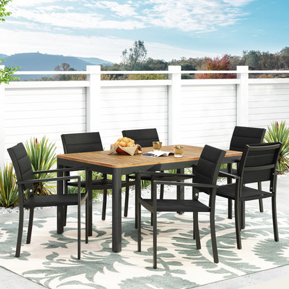 Starla Outdoor Mesh and Aluminum 7 Piece Dining Set, Black and Natural