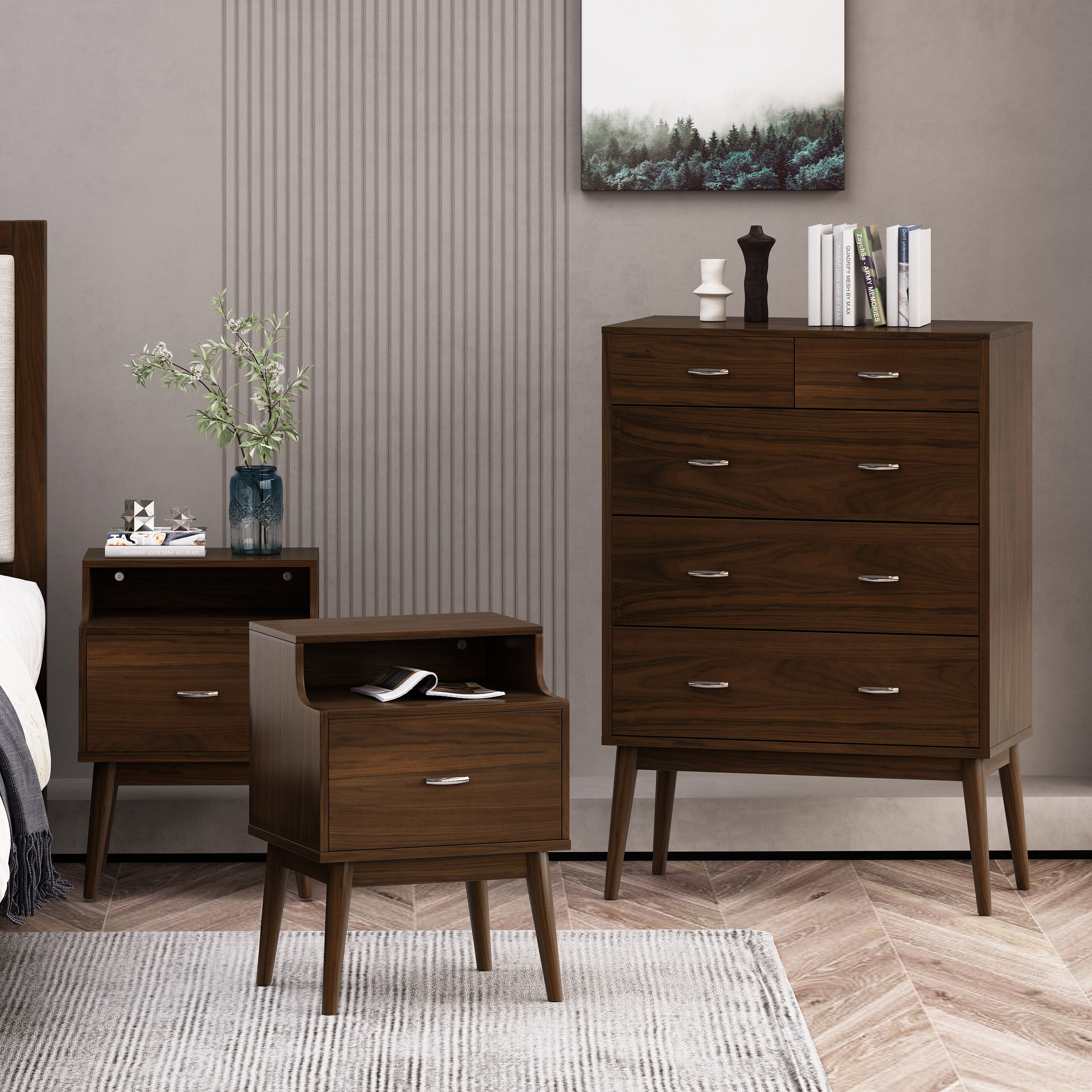 Wilbur Mid Century Wooden 3 Piece 5 Drawer Dresser and Nightstand Bedroom Set Wilbur Mid Century Wooden 3 Piece 5 Drawer Dresser and Nightstand Bedroom Set