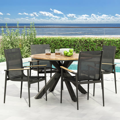 Norcrest Outdoor Mesh and Acacia Wood 5 Piece Dining Set, Black and Teak