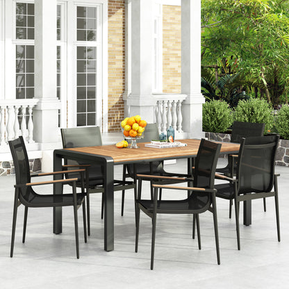 Naop Outdoor Mesh and Acacia Wood 7 Piece Dining Set, Black and Teak