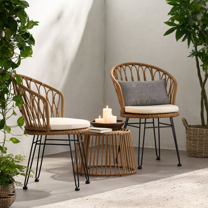 Cowen Outdoor Wicker 3 Piece Chat Set with Cushions, Light Brown, Black, and Beige