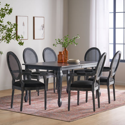 Comisky French Country Fabric Upholstered Wood and Cane Expandable 7 Piece Dining Set