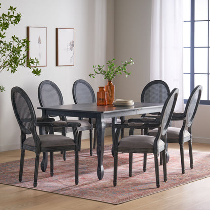 Comisky French Country Fabric Upholstered Wood and Cane Expandable 7 Piece Dining Set