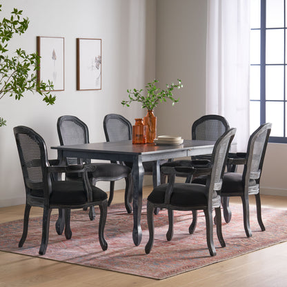 Fescue French Country Fabric Upholstered Wood and Cane Expandable 7 Piece Dining Set