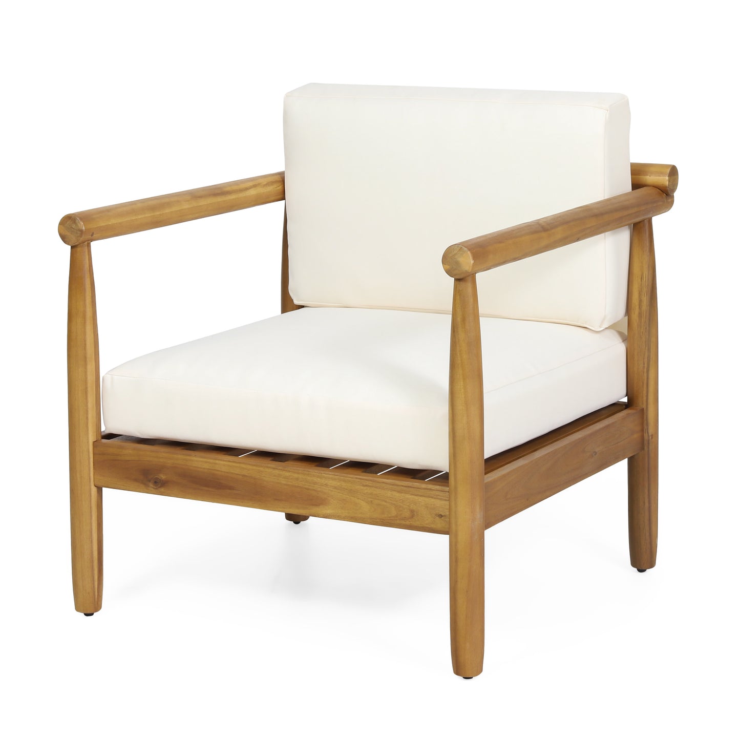 Benewah Outdoor Acacia Wood Club Chair with Cushions, Teak and Cream