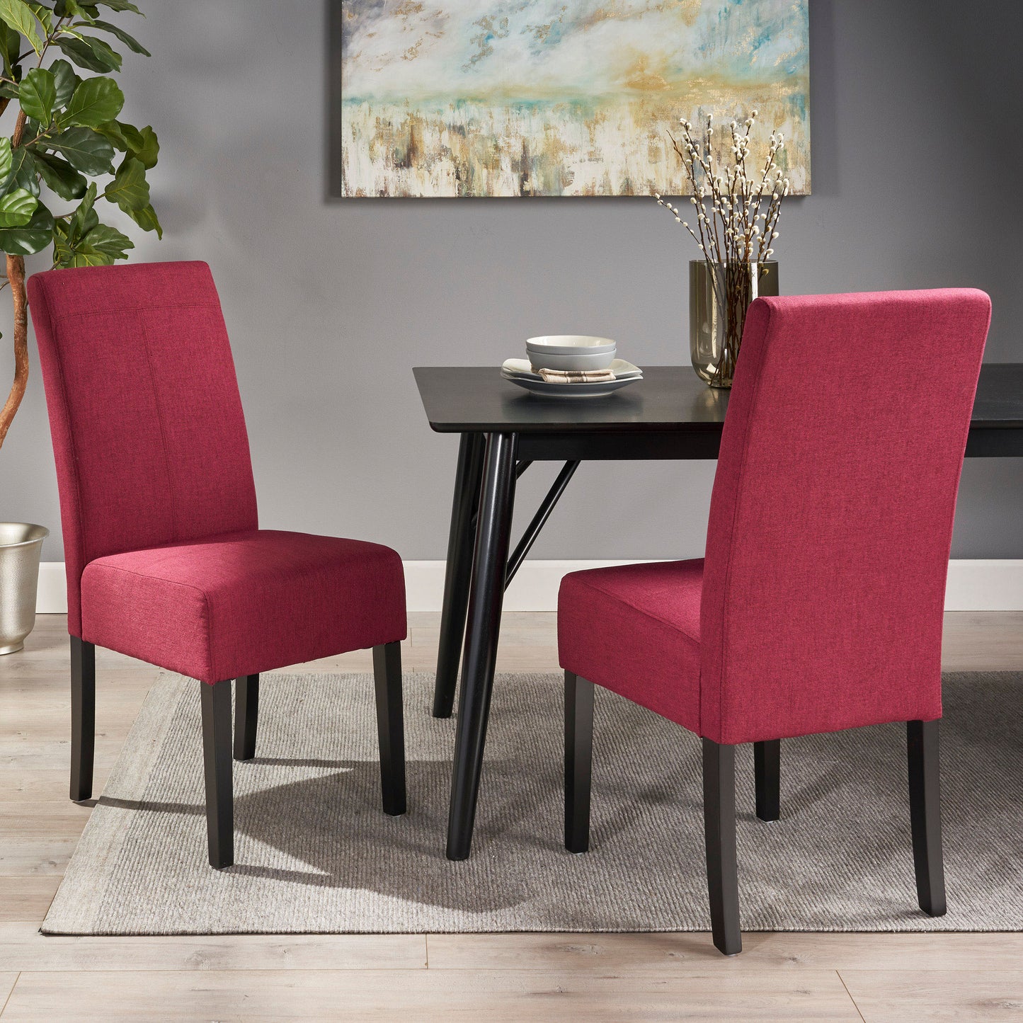 Raphael Wooden Dining Chairs (Set of 2), Deep Red and Dark Brown Finish