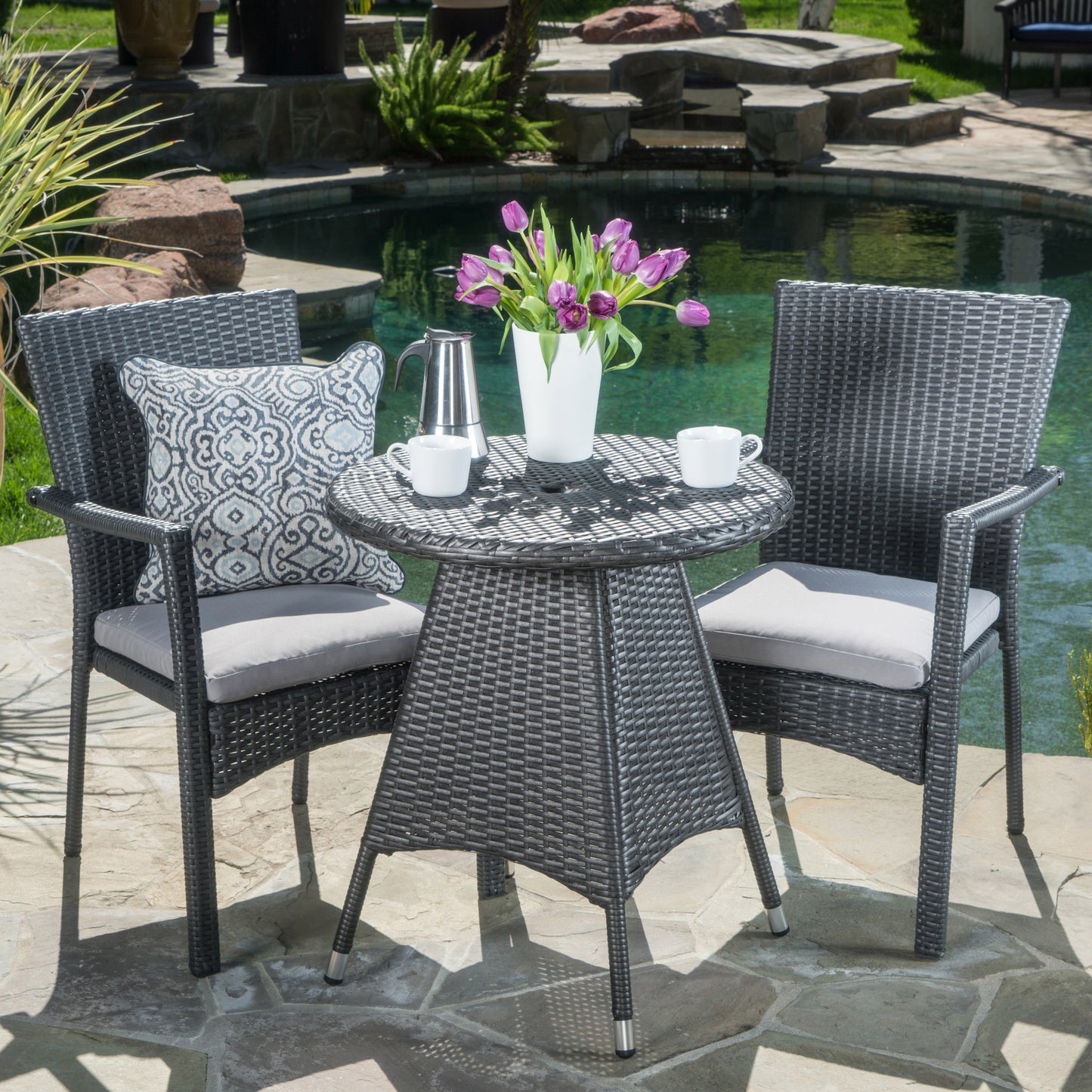 Oxford Outdoor 3 Piece Grey Wicker Dining Set with Cushions