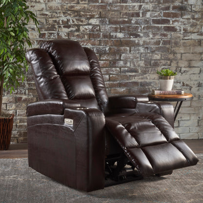 Everette Brown Leather Power Recliner With Storage, Cup Holder, and USB Charger