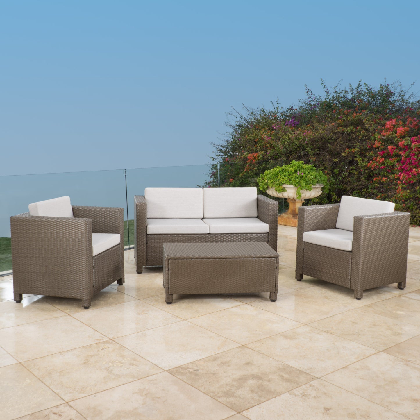 Pueblo 4 Piece Wicker Chat Set w/ Water Resistant Cushions & Cover