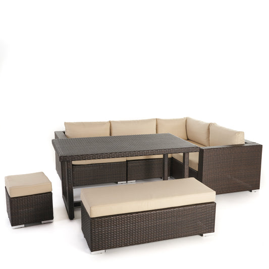 Santa Maria Outdoor 7 Seat Dining Sofa Set with Aluminum Frame and Water Resistant Cushions