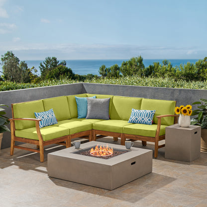 Nyeemah Outdoor 5 Seater V-Shaped Acacia Wood Sofa Set with Square Fire Table and Tank
