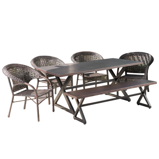 Keness Outdoor 6 Piece Aluminum Dining Set with Bench and Wicker Stacking Chairs