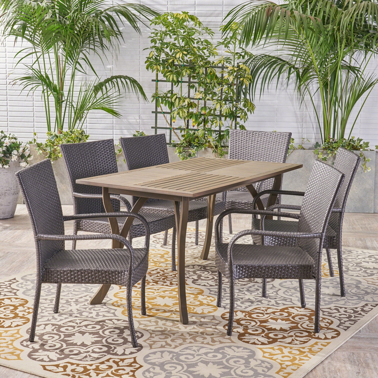 Robin Outdoor 7 Piece Wood and Wicker Dining Set, Gray and Gray