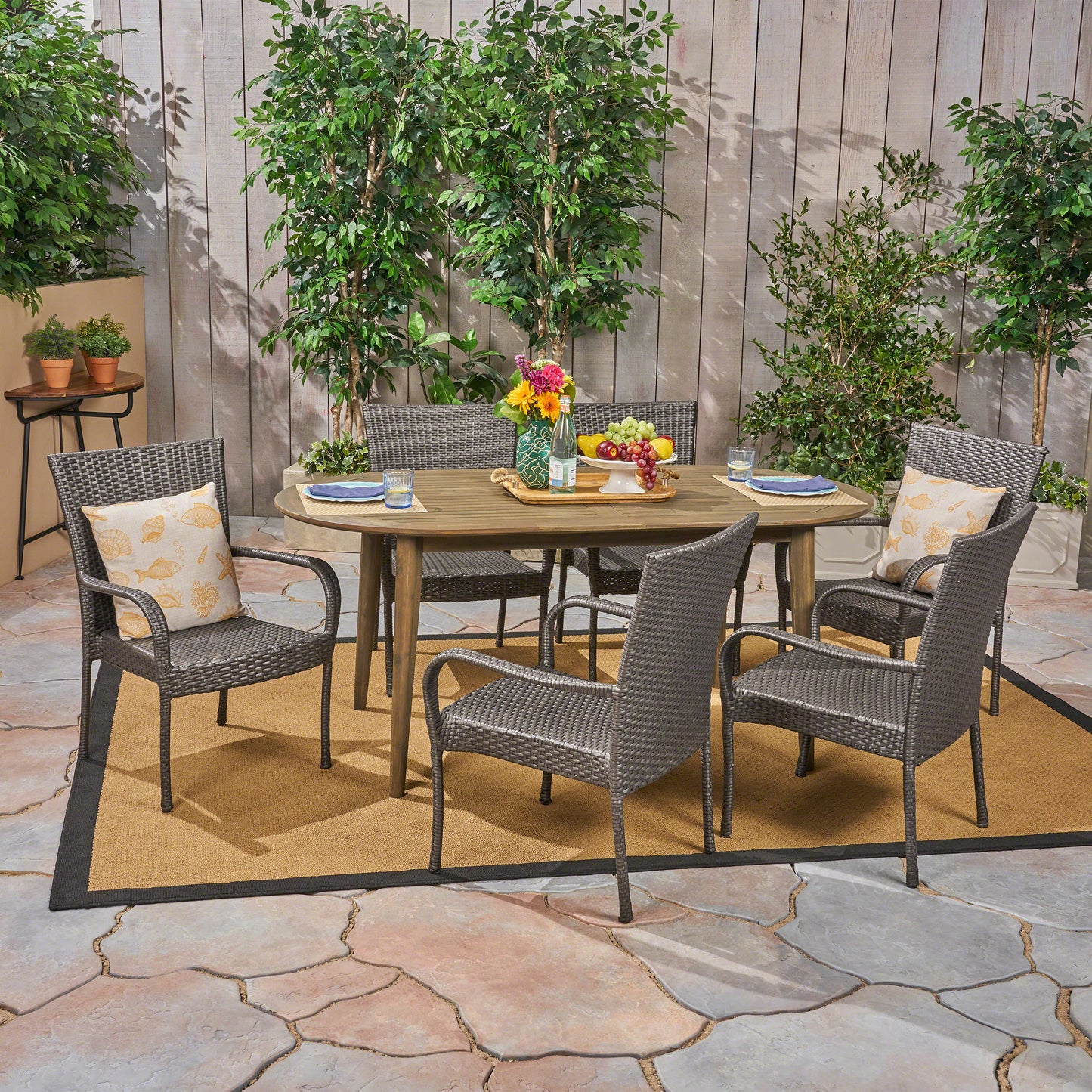 Elle Outdoor 7 Piece Acacia Wood Dining Set with Stacking Wicker Chairs