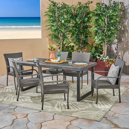 Salome Outdoor 7 Piece Acacia Wood Dining Set with Stacking Wicker Chairs, Sandblast Dark Gray and Gray