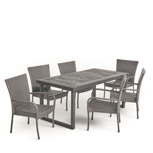 Salome Outdoor 7 Piece Acacia Wood Dining Set with Stacking Wicker Chairs, Sandblast Dark Gray and Gray