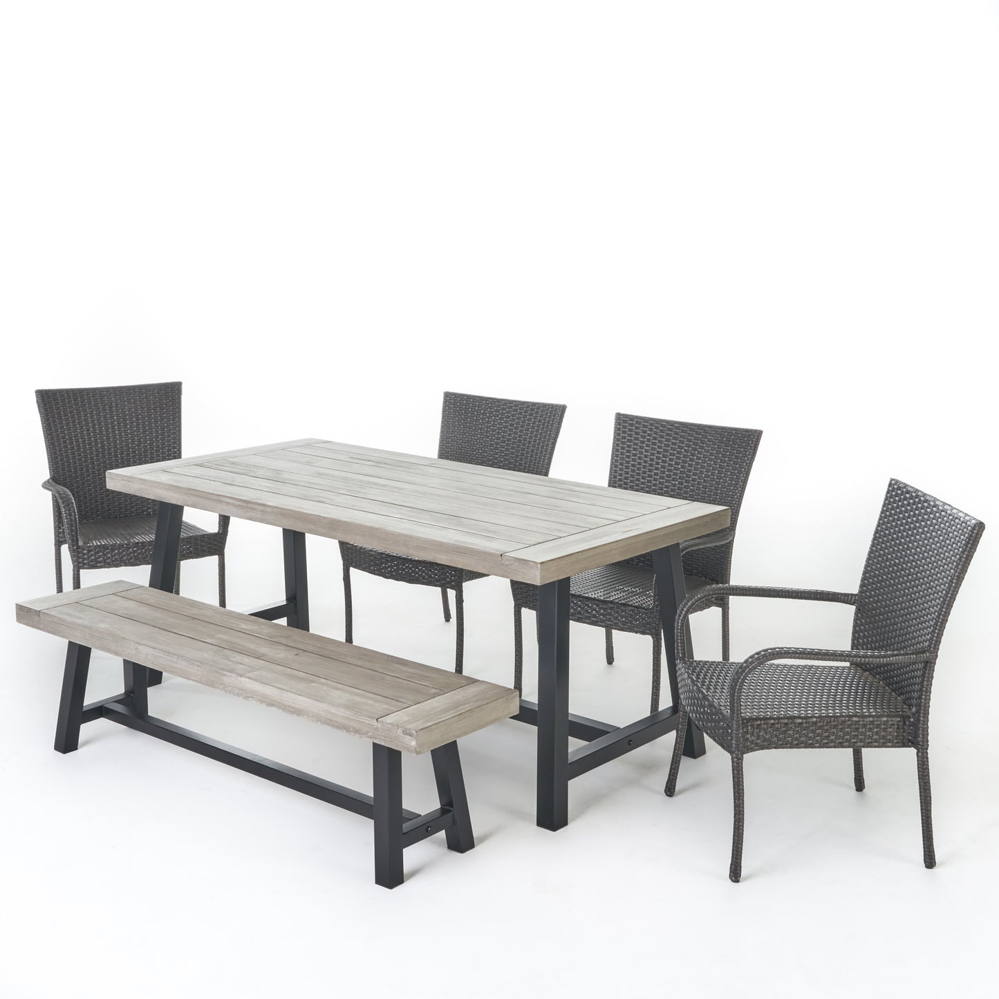 Luminous Outdoor 6 Piece Stacking Wicker Dining Set with Acacia Wood Table and Bench