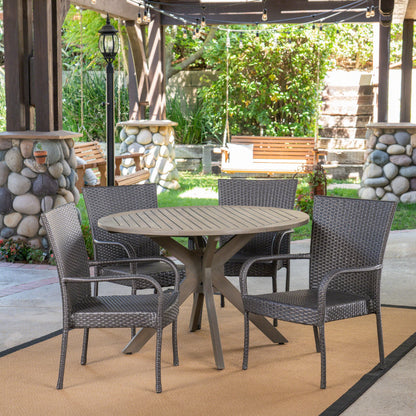 Murrary Outdoor 5 Piece Wood and Wicker Dining Set, Gray and Gray
