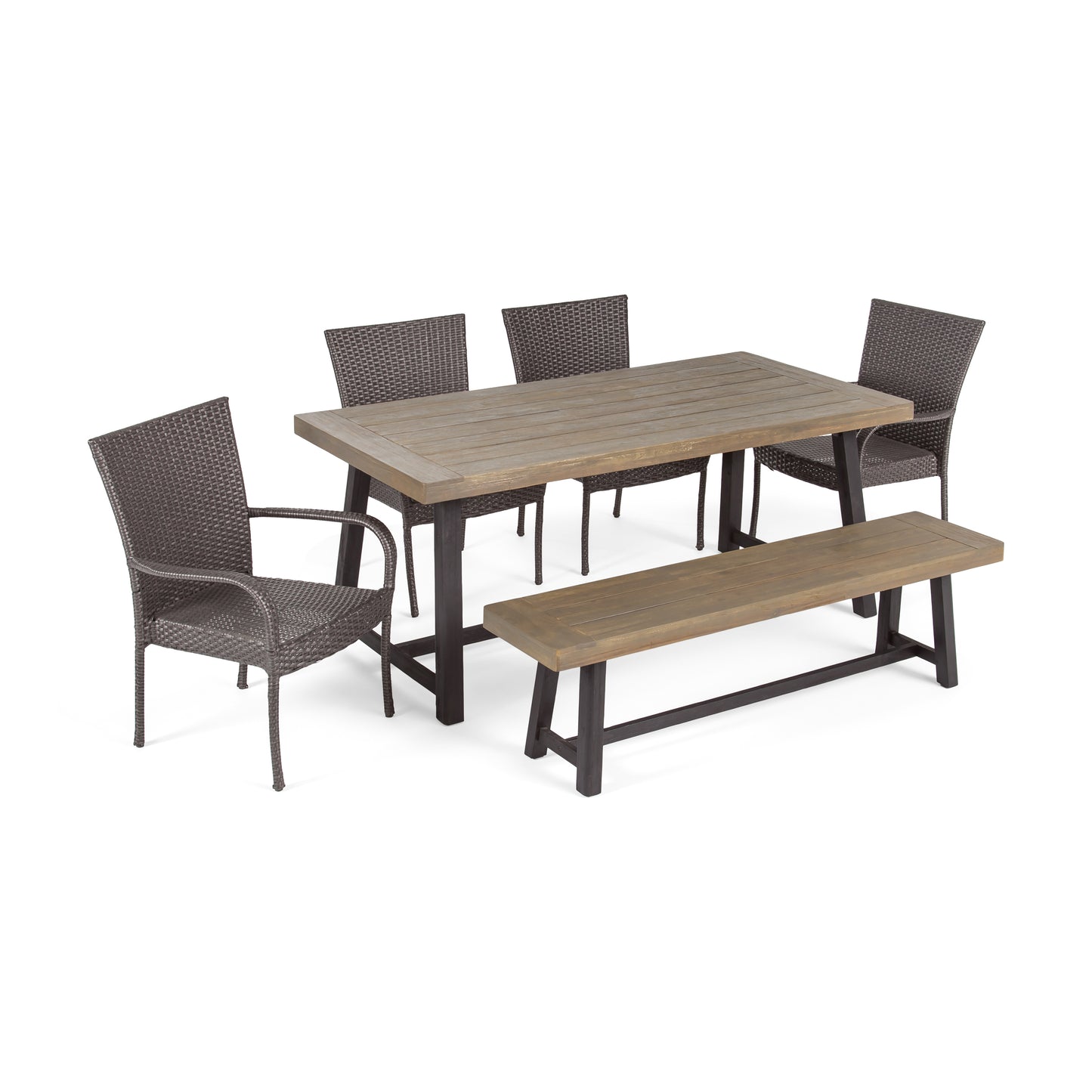 Jack Outdoor 6 Piece Dining Set with Stacking Wicker Chairs and Bench