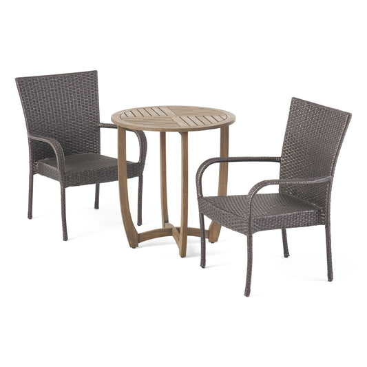 Jared Outdoor 3 Piece Wood and Wicker Bistro Set, Gray and Gray