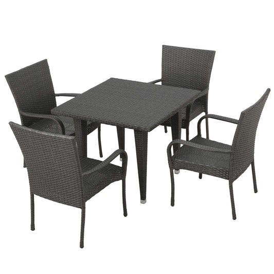 Antonio Outdoor 5-Piece Gray Wicker Dining Set with Stackable Chairs