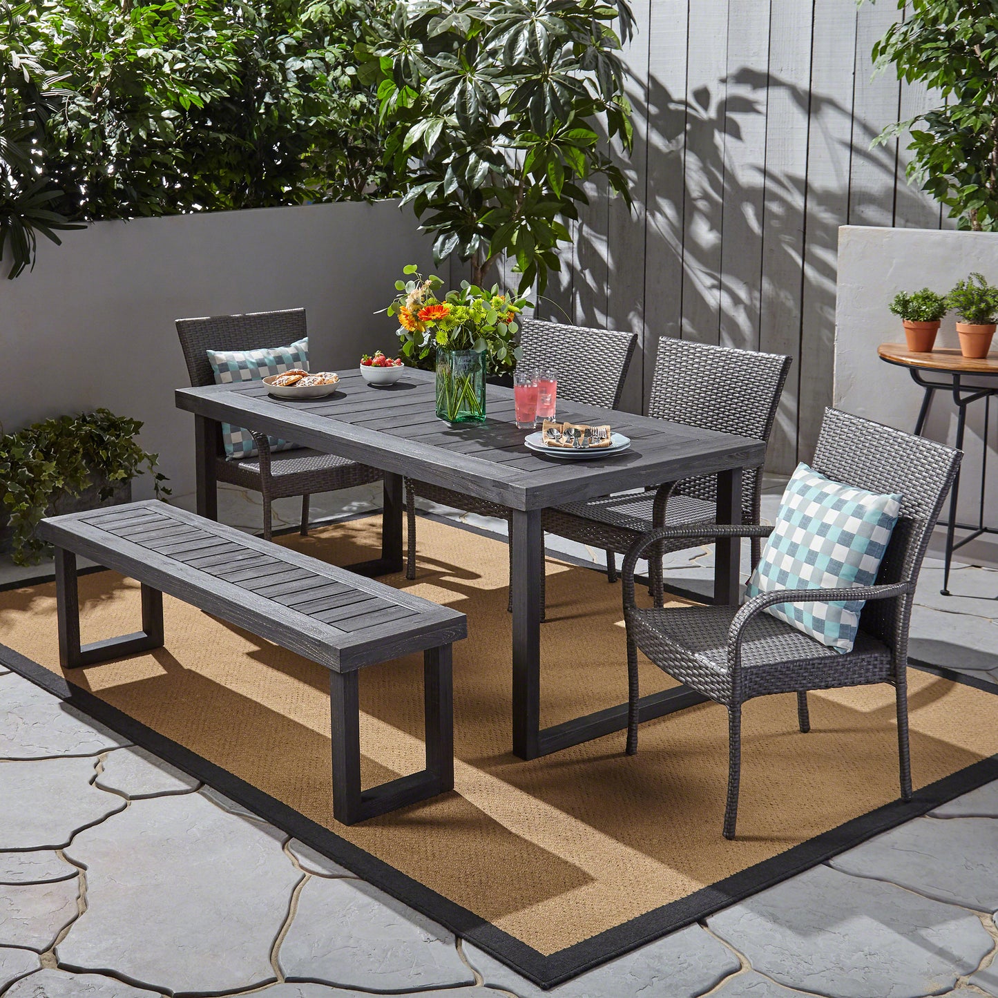 Eric Outdoor 6-Seater Wood and Wicker Chair and Bench Dining Set