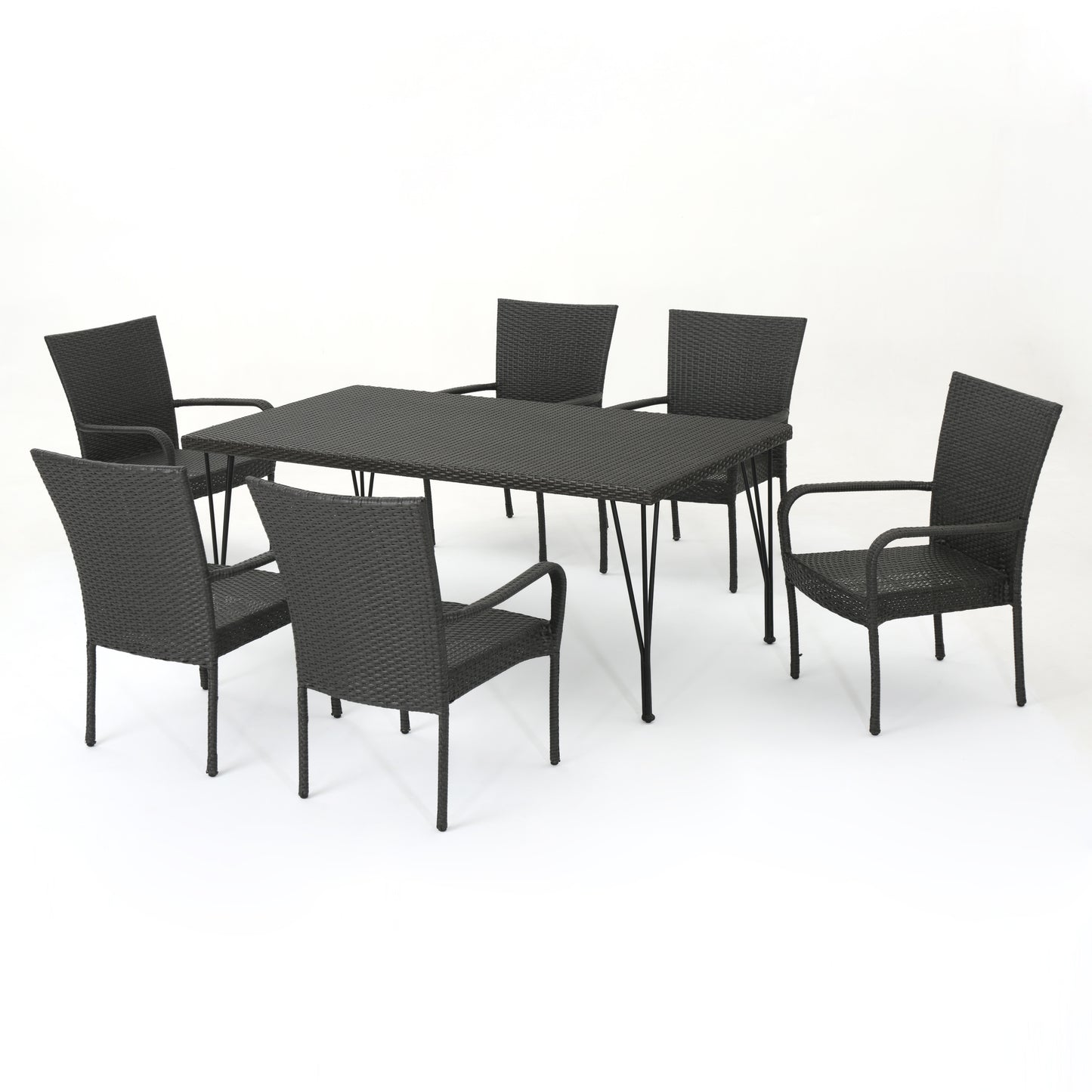 Nash Outdoor 7 Piece Gray Wicker Rectangular Dining Set with Stacking Chairs