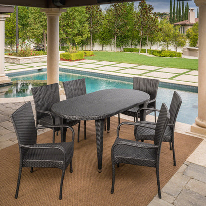 Sola Outdoor 7 Piece Gray Wicker Oval Dining Set with Stacking Chairs