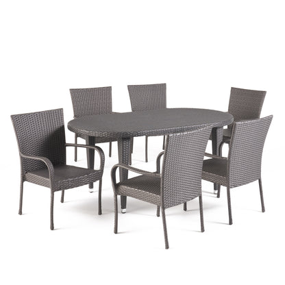 Sola Outdoor 7 Piece Gray Wicker Oval Dining Set with Stacking Chairs