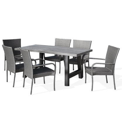 Michaela Outdoor 7 Piece Stacking Grey Wicker and Concrete Dining Set