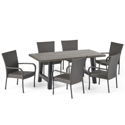 Blease Outdoor 7 Piece Stacking Gray Wicker and Concrete Dining Set