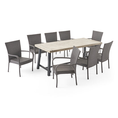 Keegan Outdoor Wood and Wicker 8 Seater Dining Set