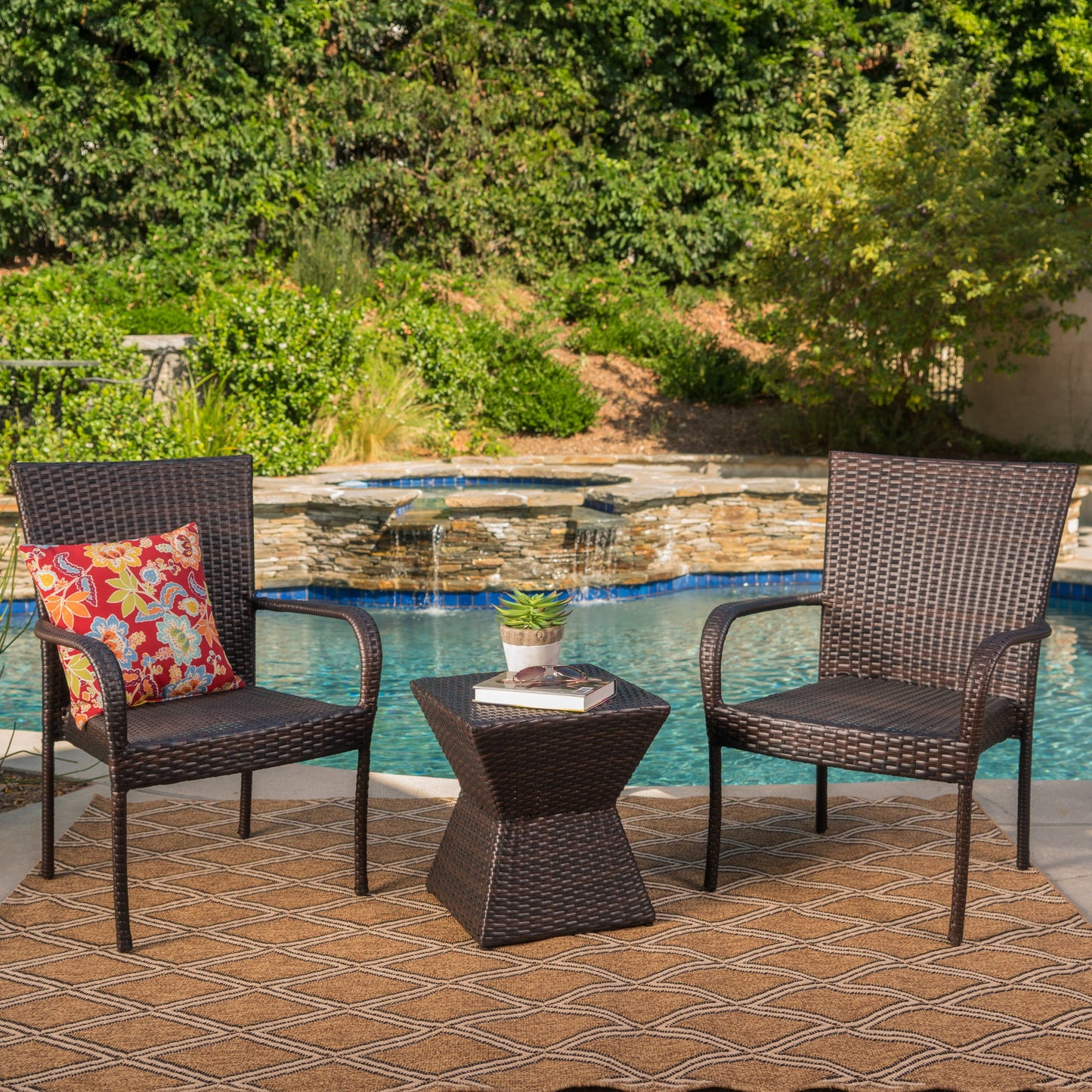 Bakerville Outdoor 3 Piece Multi-Brown Wicker Chat Set with Stacking Chairs