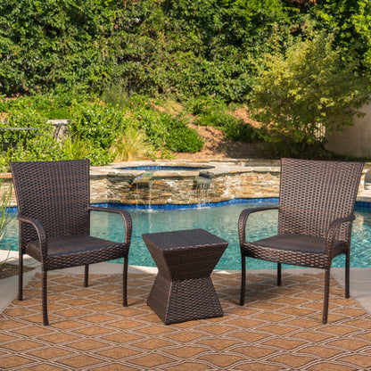 Bakerville Outdoor 3 Piece Multi-Brown Wicker Chat Set with Stacking Chairs