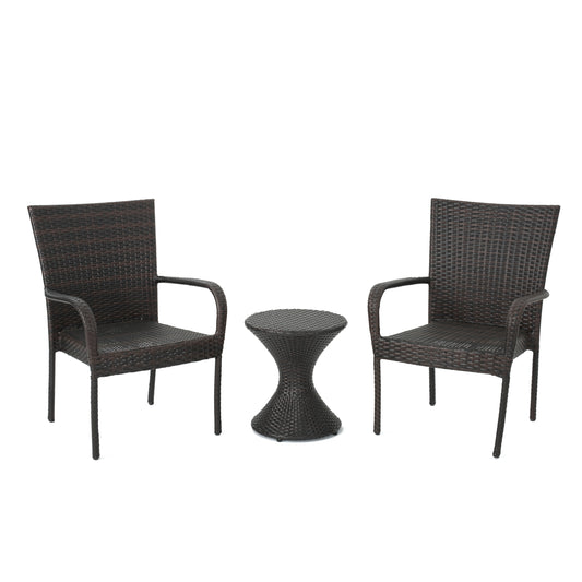 Newton Outdoor 3 Piece Multi-Brown Wicker Chat Set with Stacking Chairs