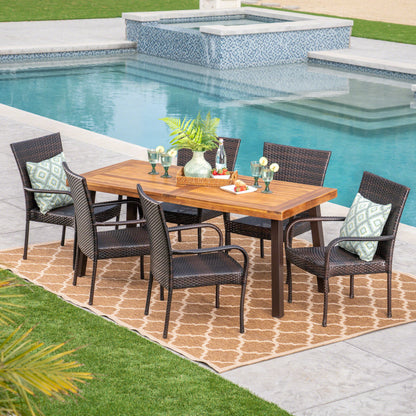 Leopold Outdoor 7 Piece Acacia Wood/ Wicker Dining Set, Teak Finish and Multibrown