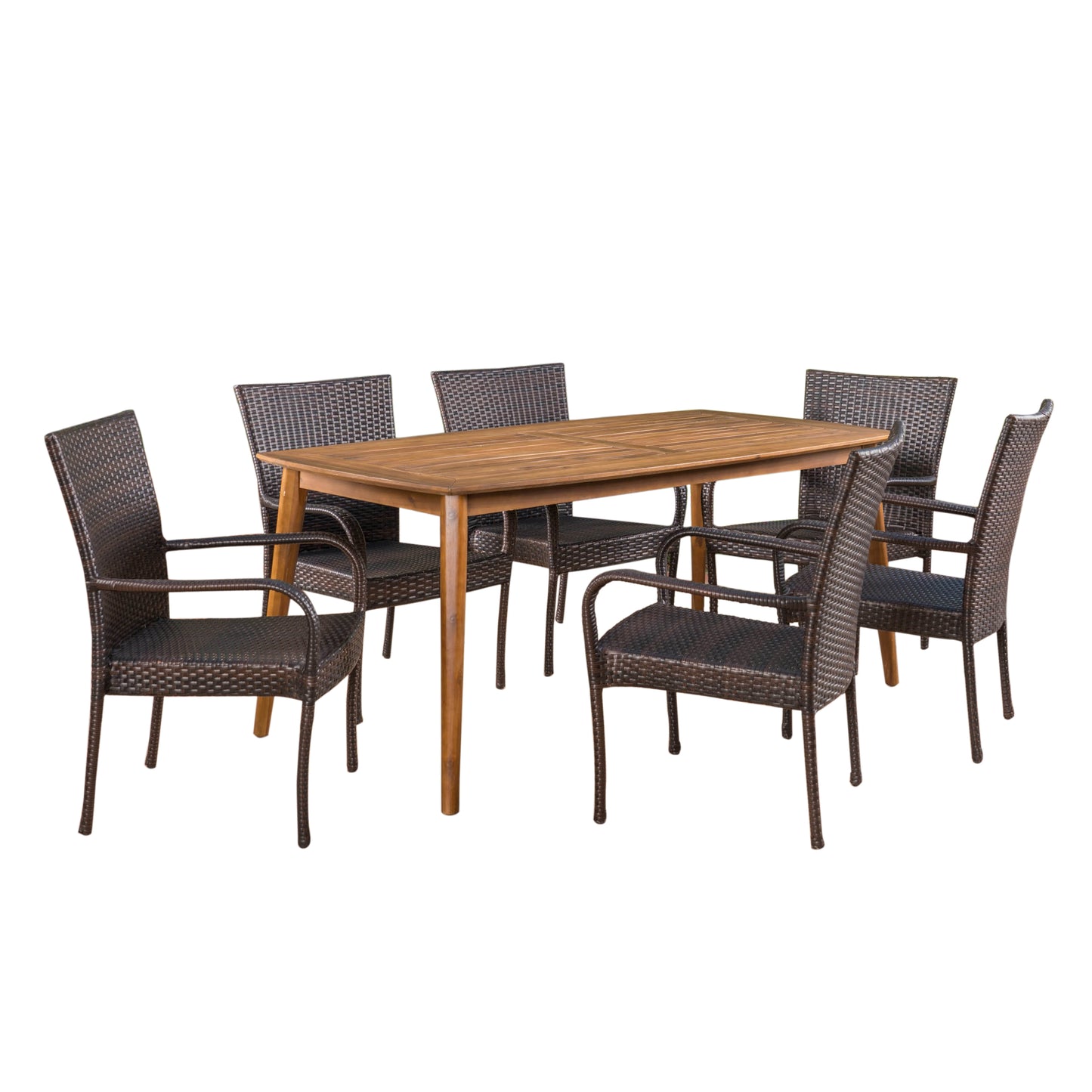 Livio Outdoor 7 Piece Multibrown Wicker Dining Set with Teak Finish Rectangular Acacia Wood Dining Table