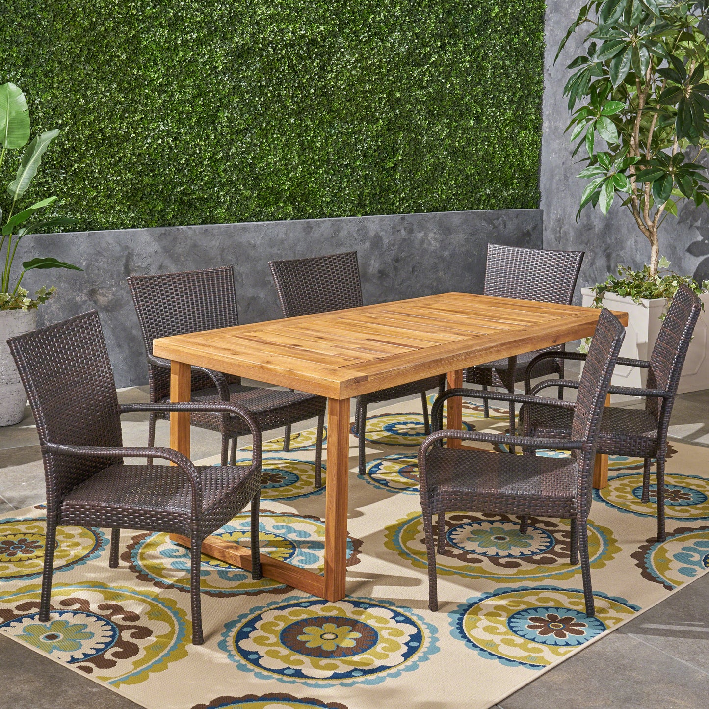 Louis Outdoor 7 Piece Acacia Wood Dining Set with Stacking Wicker Chairs