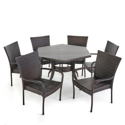 Basil Outdoor 7 Piece Wicker Hexagon Dining Set with Stacking Chairs
