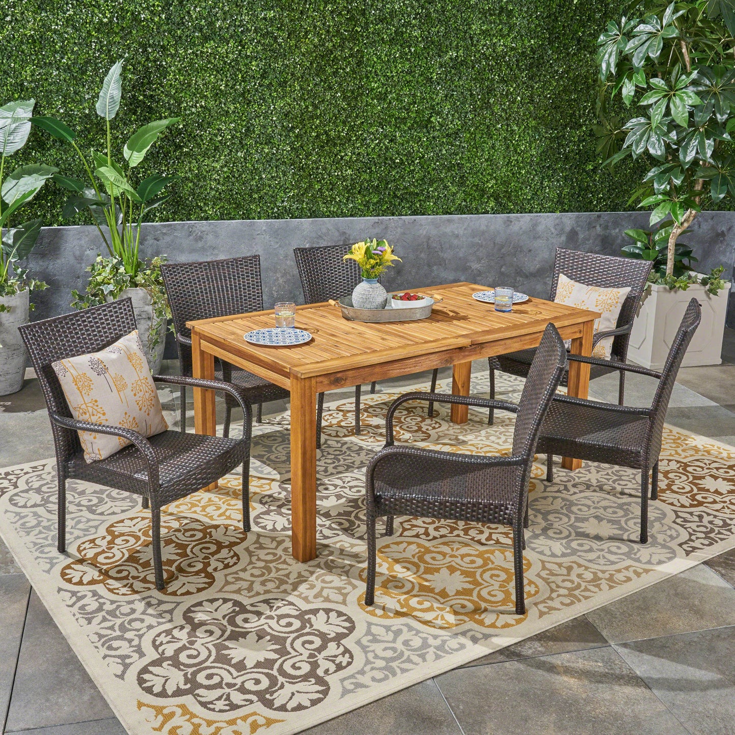 Ellis Outdoor 7 Piece Wood and Wicker Expandable Dining Set